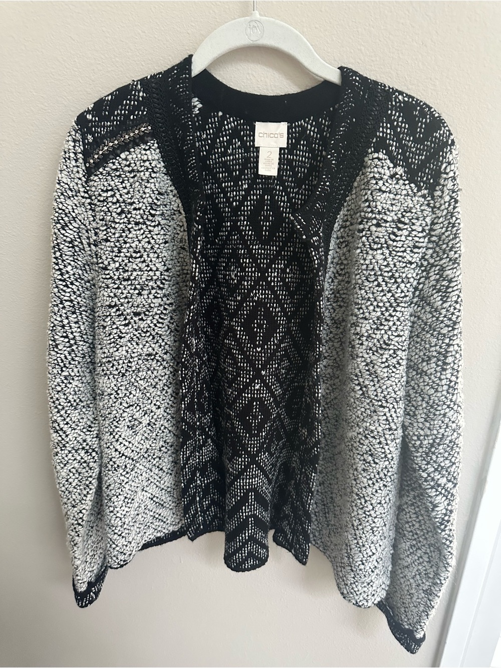 Chico’s Black White Geometric Knit Cardigan Sweater Wool Blend Size 2